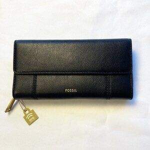 Fossil Jori Leather RFID Flap Clutch Wallet Womens Black NWT